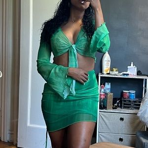 Women's Sexy Long Sleeve 2 Pieces Sheer Mesh Cover Up Dress Crop Top Bodycon